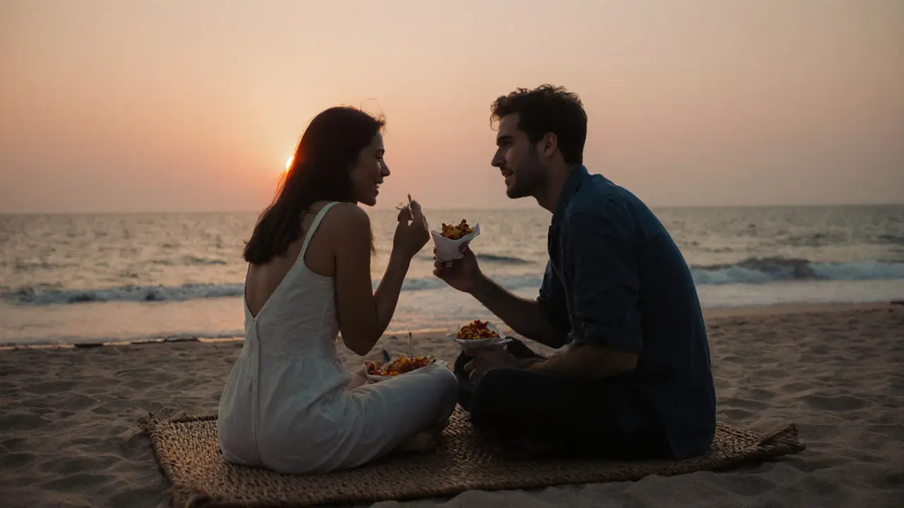 A couple sharing street food on a private beach at sunset in Dubai, relaxed and smiling.