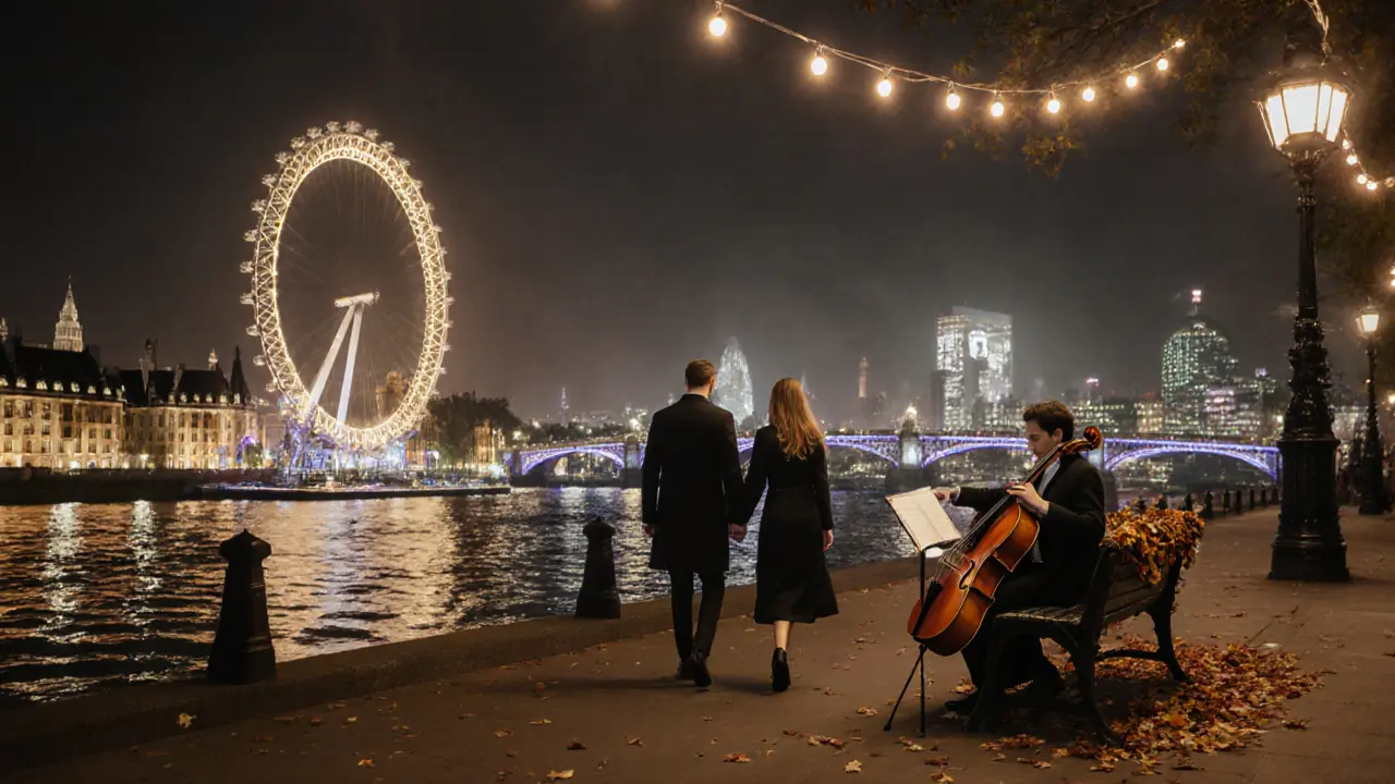 A couple walks hand-in-hand along the Thames at sunset, with London Eye and bridge glowing in the distance.