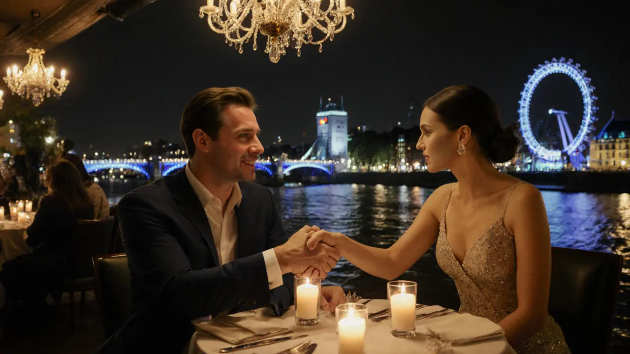 A gentleman and an escort share a polite handshake at a riverside restaurant in London.