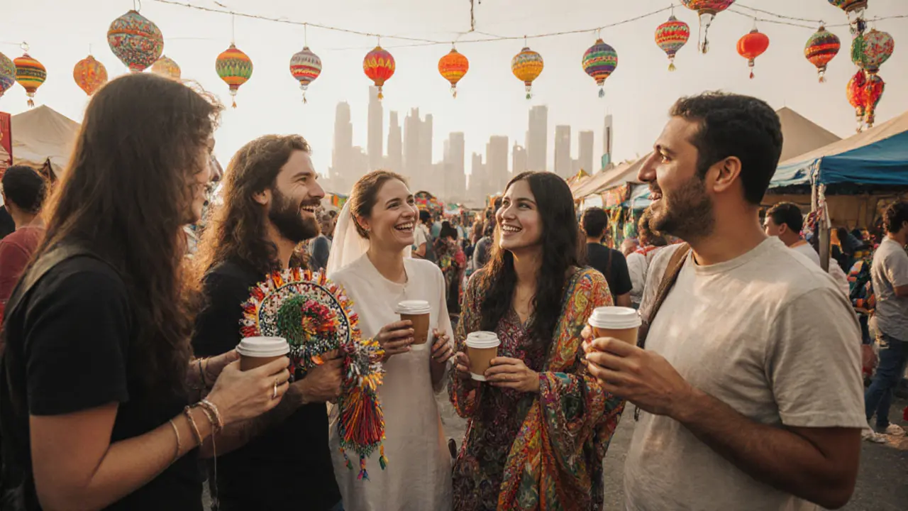 A group of diverse people enjoying a lively weekend market in Abu Dhabi with lanterns and skyline in background.