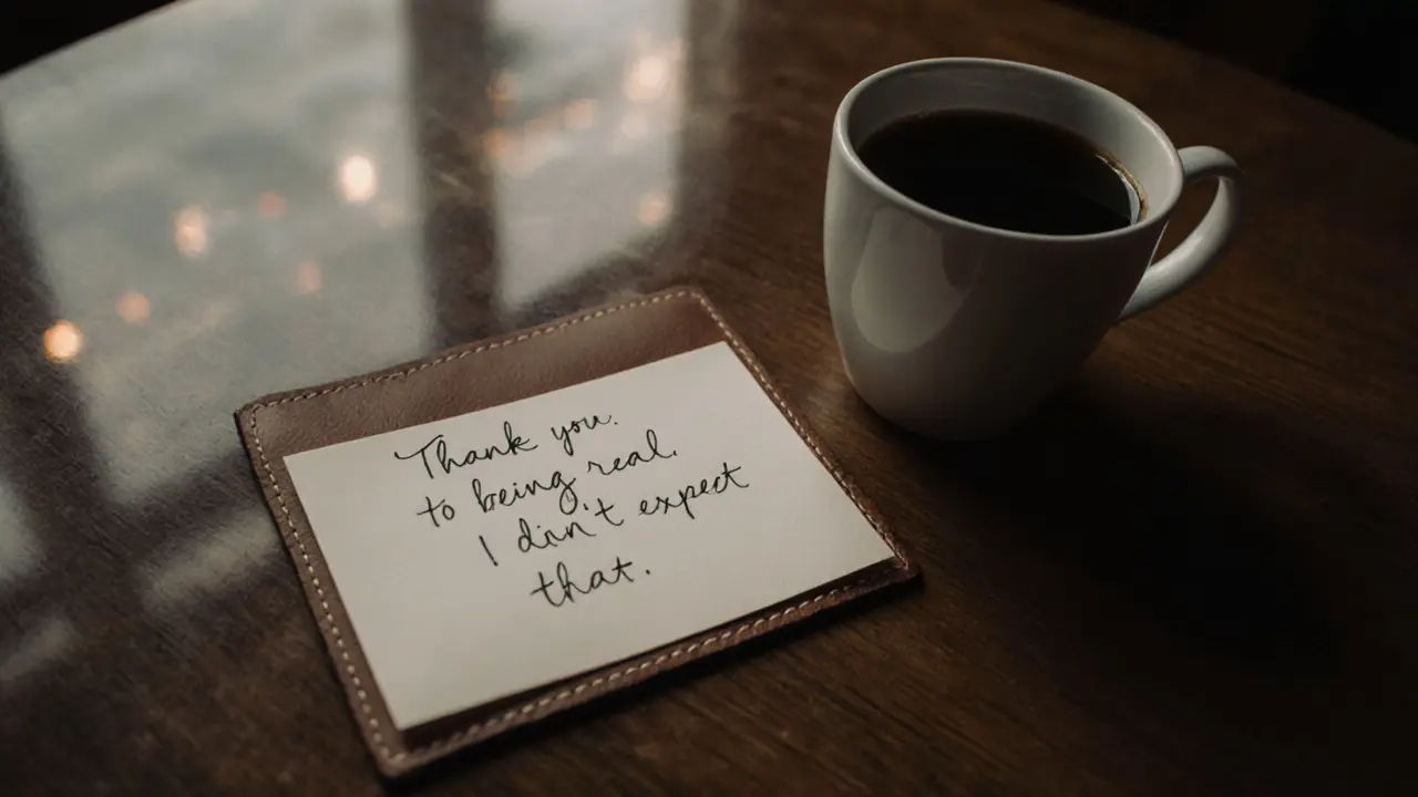 A handwritten thank-you note beside a cup of coffee, symbolizing genuine gratitude.