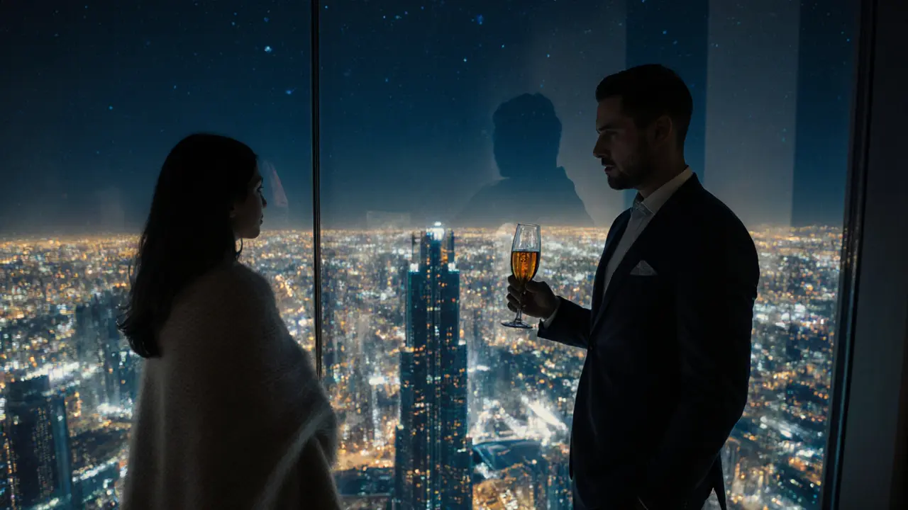 A man and woman standing at At.mosphere in Burj Khalifa, gazing at Dubai&#039;s glittering nighttime skyline.