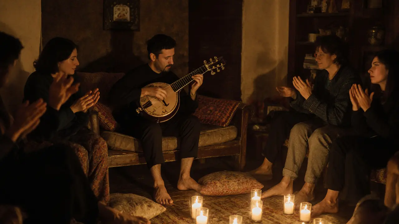 A warm, candlelit house party in Kadıköy with people clapping to live Turkish folk music.