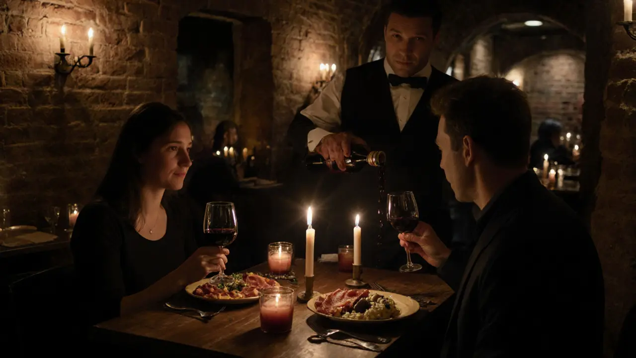 Candlelit dinner in a cozy cellar restaurant with Spanish tapas and wine being poured.