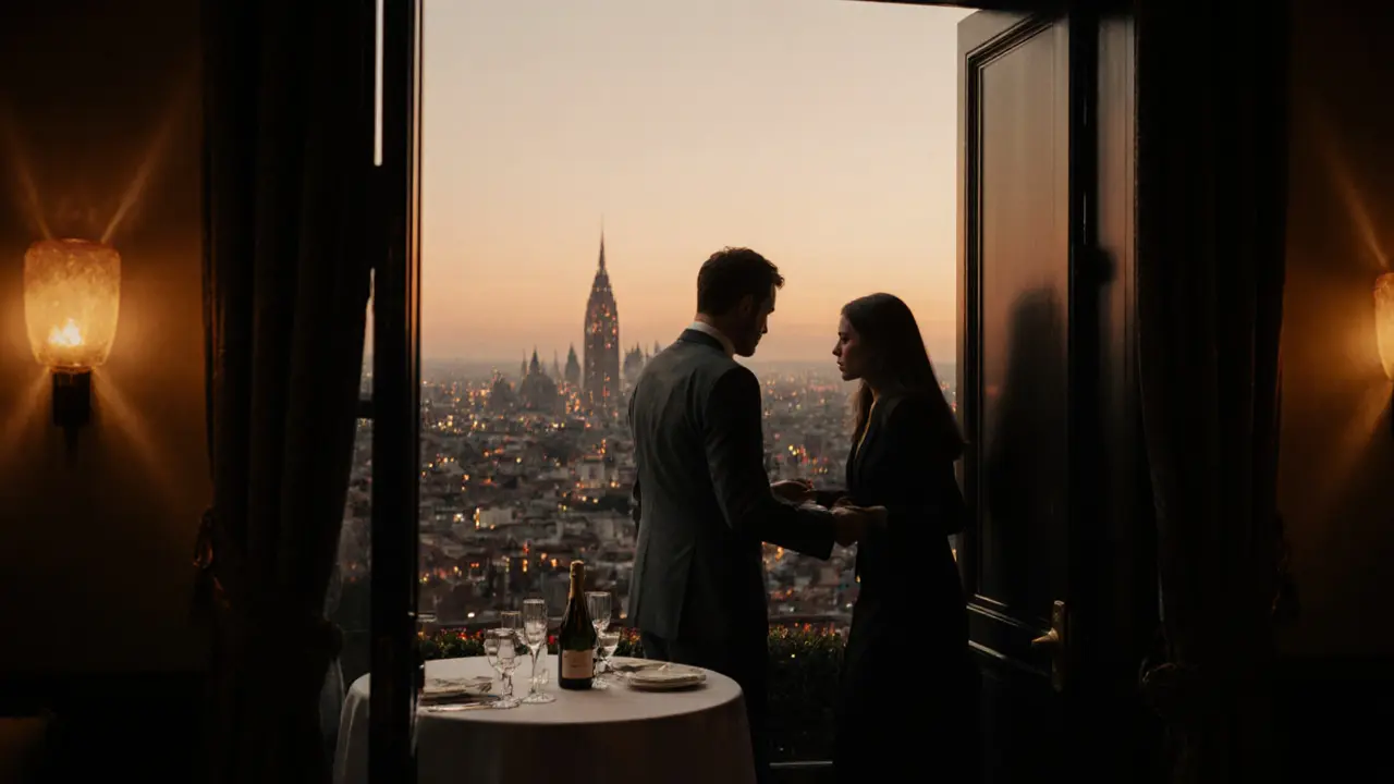 Companion opening a rooftop bar door for a client against a sunset skyline.