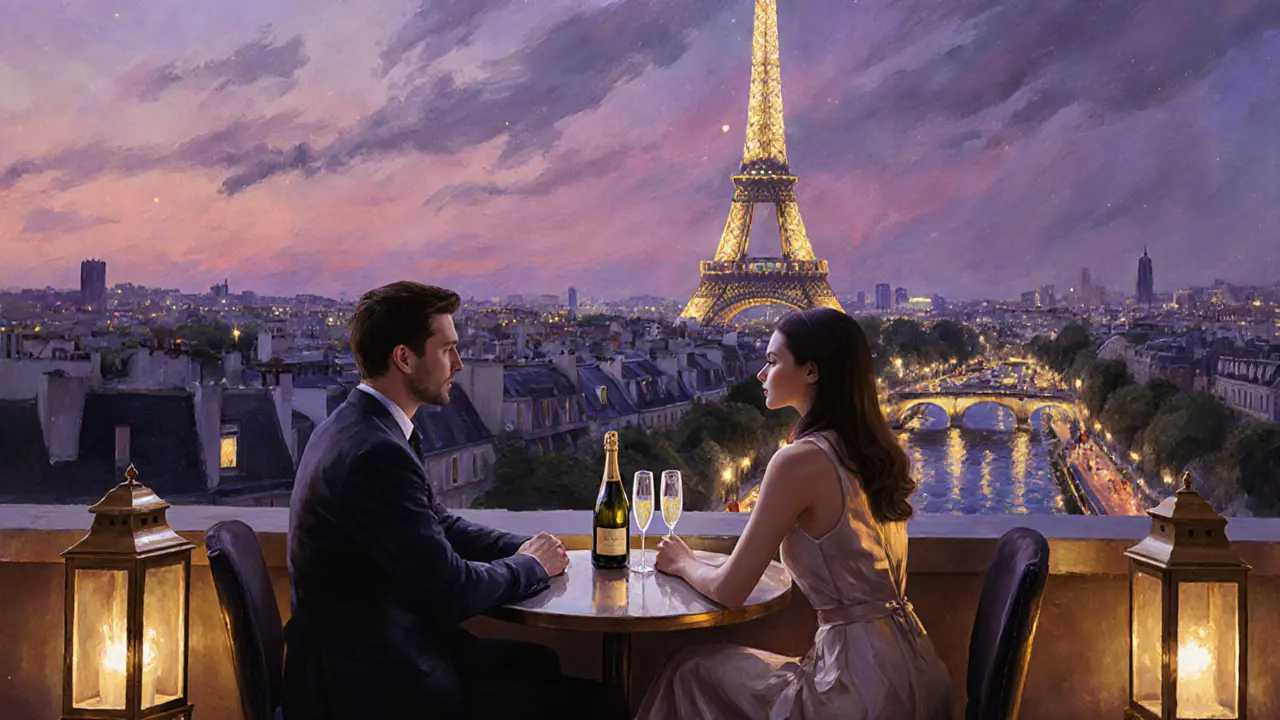 Couple sipping champagne on a rooftop with the Eiffel Tower sparkling in the background.