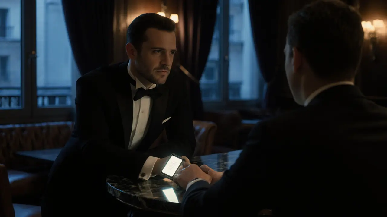 Discreet companion and client sharing a quiet conversation in a dim upscale bar.