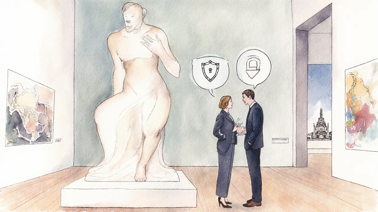 Discreet companion conversing with a client in an elegant art gallery.