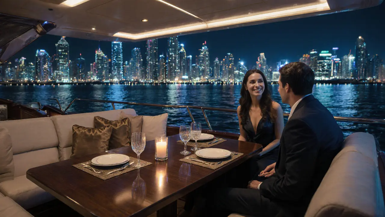 Elegant dinner setup on a yacht cruising Dubai Marina under city lights.