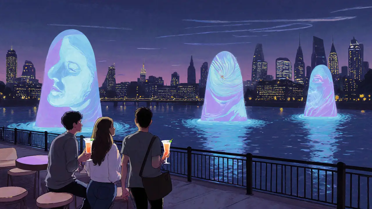 Friends walking along the Southbank at night, viewing glowing river installations and a riverside bar.