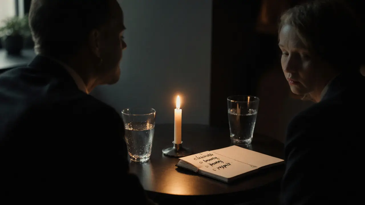 Hotel lounge table with water, candle, and journal as two figures converse.