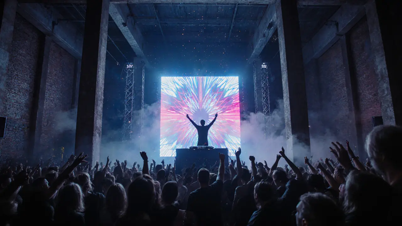 Industrial club interior of Club Alcatraz with DJ, neon lights, and dancing crowd.