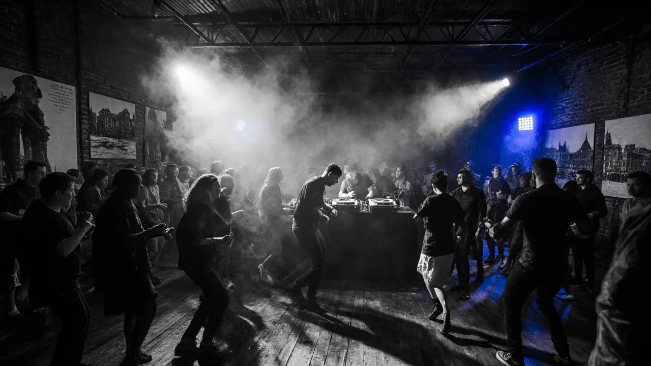 Industrial warehouse club Magazzini Generali with dancers under fog and archival photos on the walls.