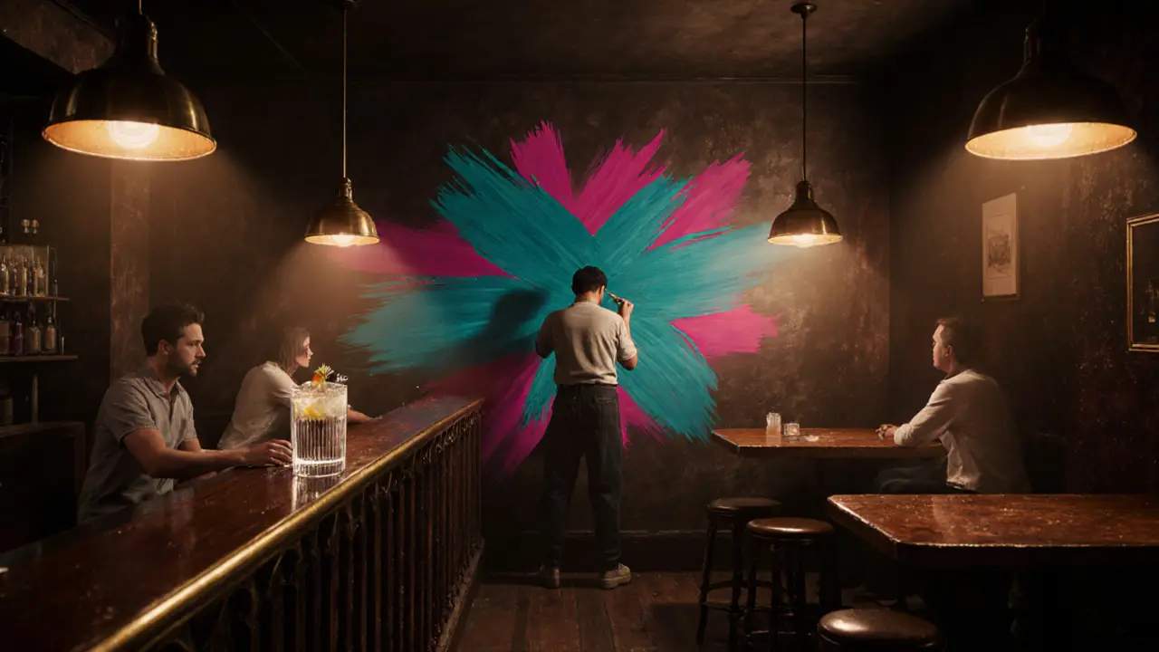 Inside Raven & Rose speakeasy, a muralist paints a colorful wall while patrons enjoy drinks.
