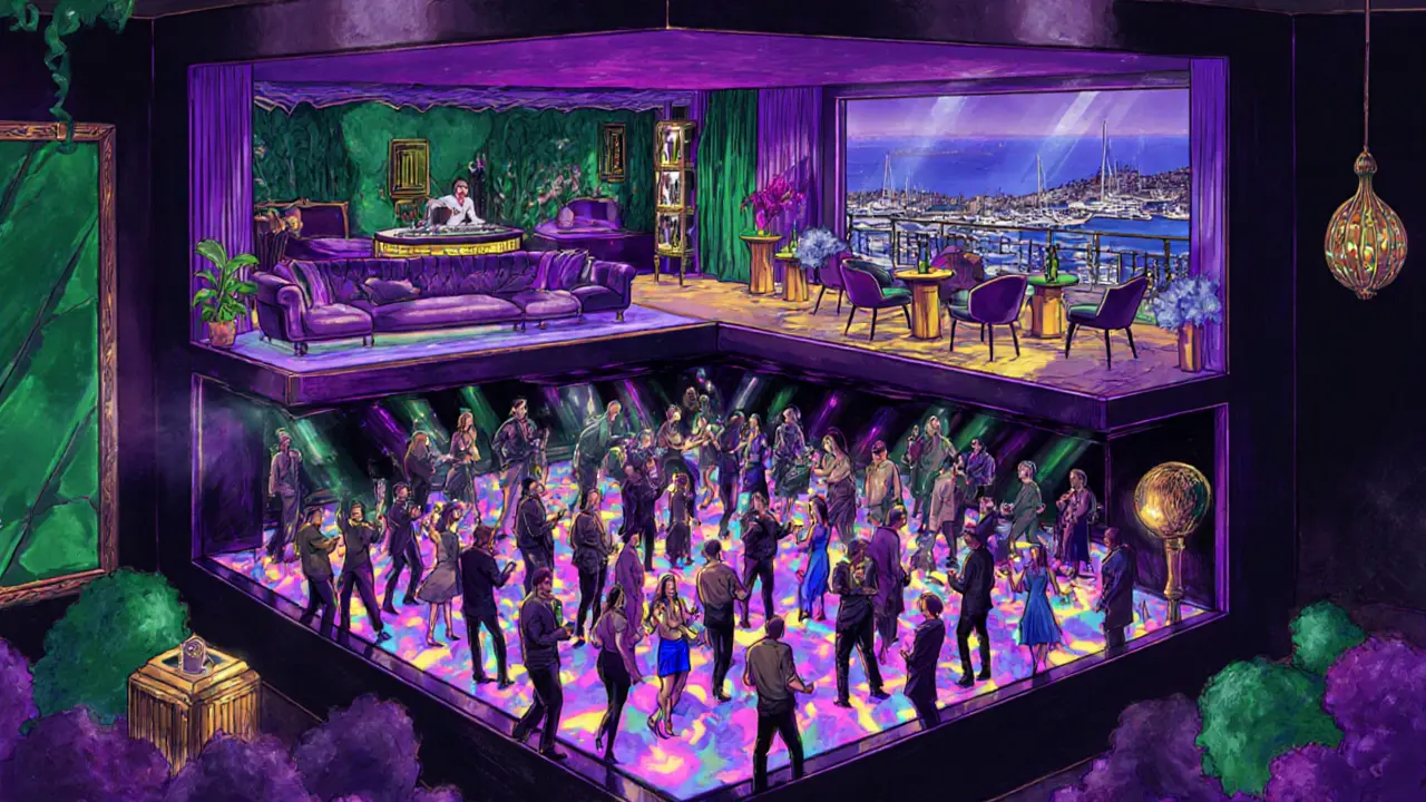 Interior cutaway of Jimmy’z Monte‑Carlo showing dance floor, lounge and rooftop terrace.