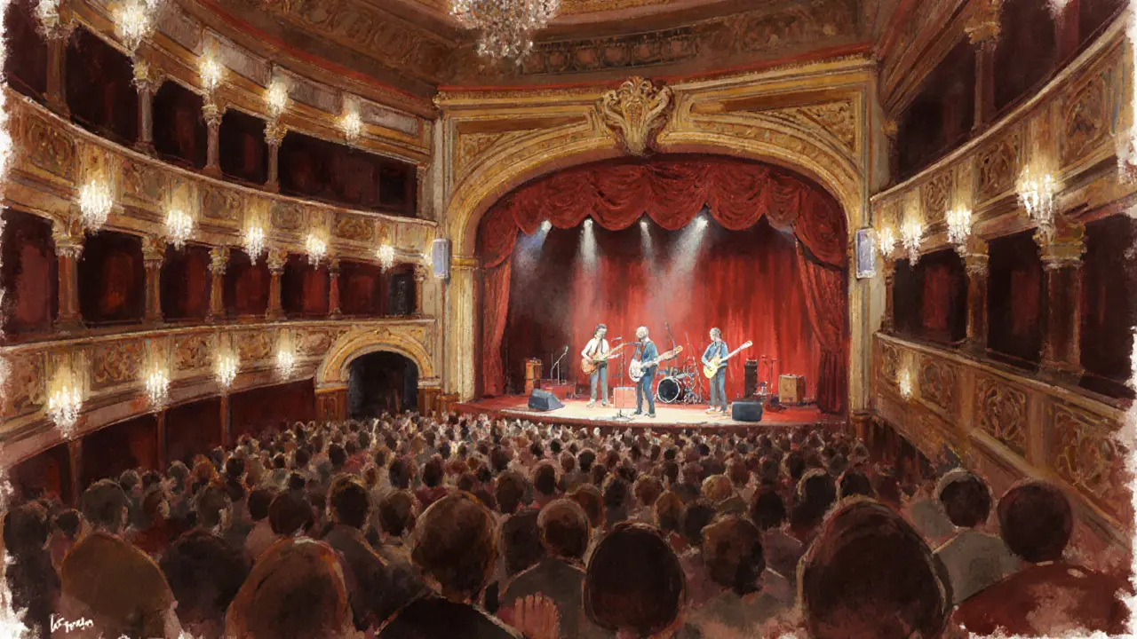 Interior of Le Trianon theater during an indie rock concert with warm lighting and audience.