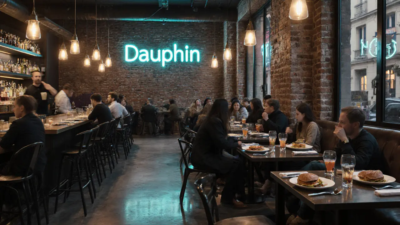 Late‑night diners enjoying Foie Gras Burgers at Le Dauphin under neon glow.