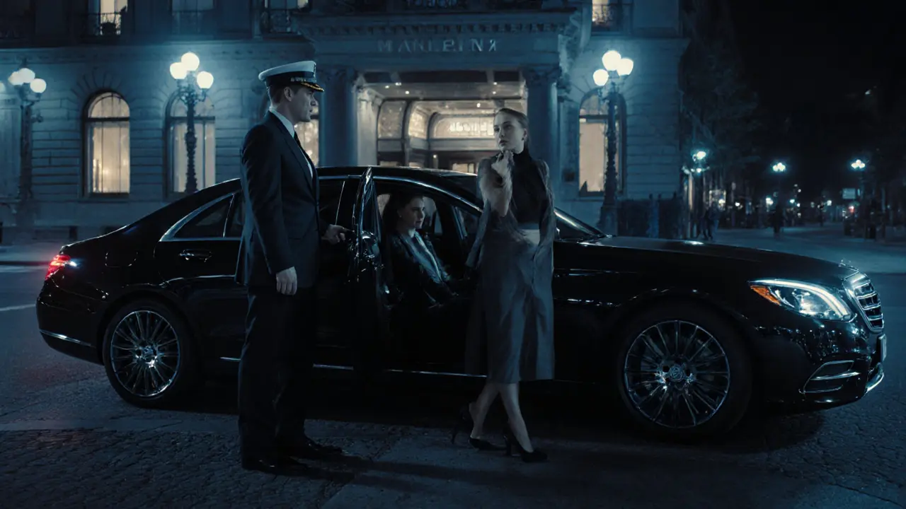 Luxury black Mercedes with driver opening door for an elegantly dressed couple in front of a hotel.