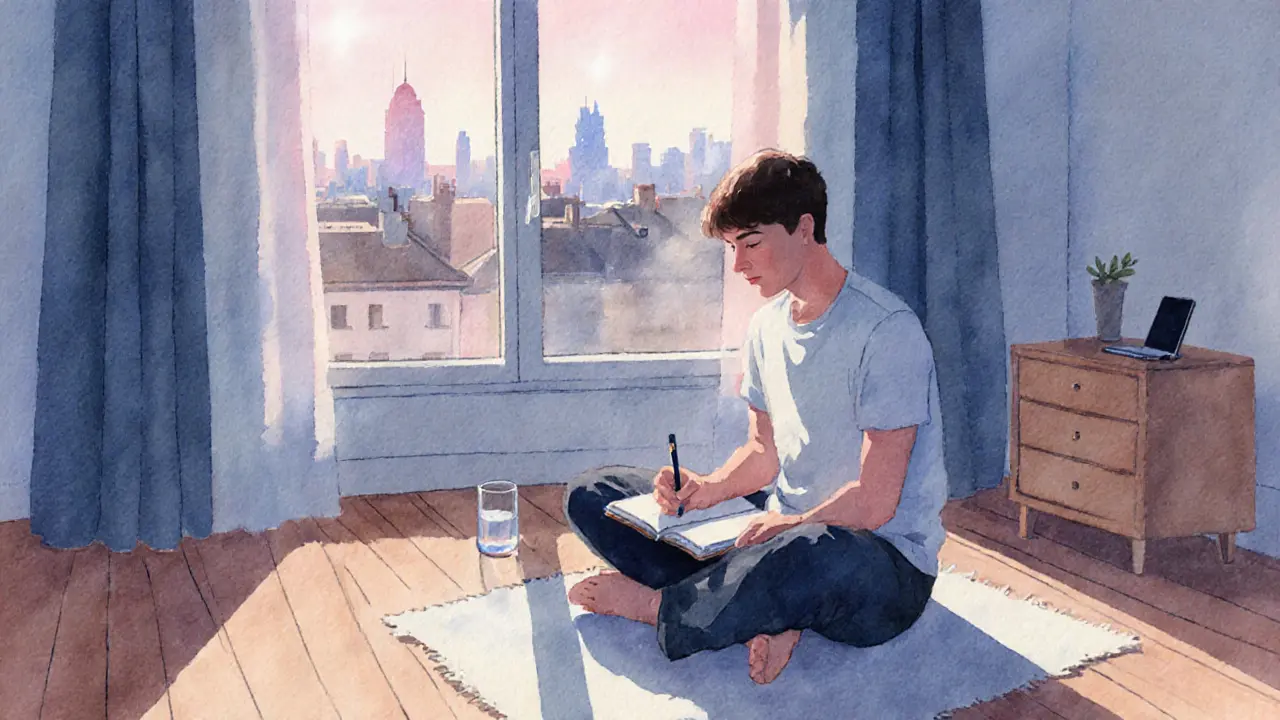 Man writing in a journal by a sunrise window overlooking Berlin.