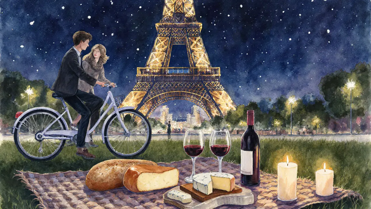 Midnight picnic by the Eiffel Tower with baguette, cheese, wine and a parked Vélib bike.