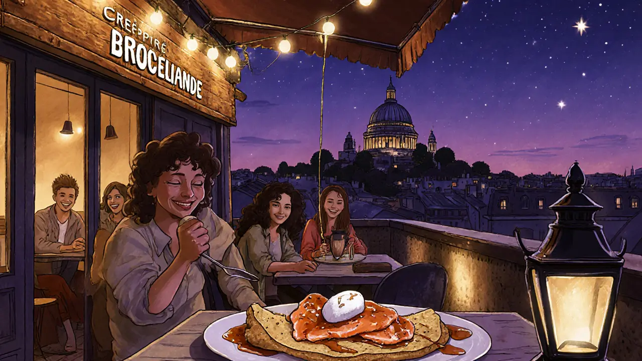 Montmartre crêperie serving salted‑caramel crêpe under fairy lights, starry backdrop.