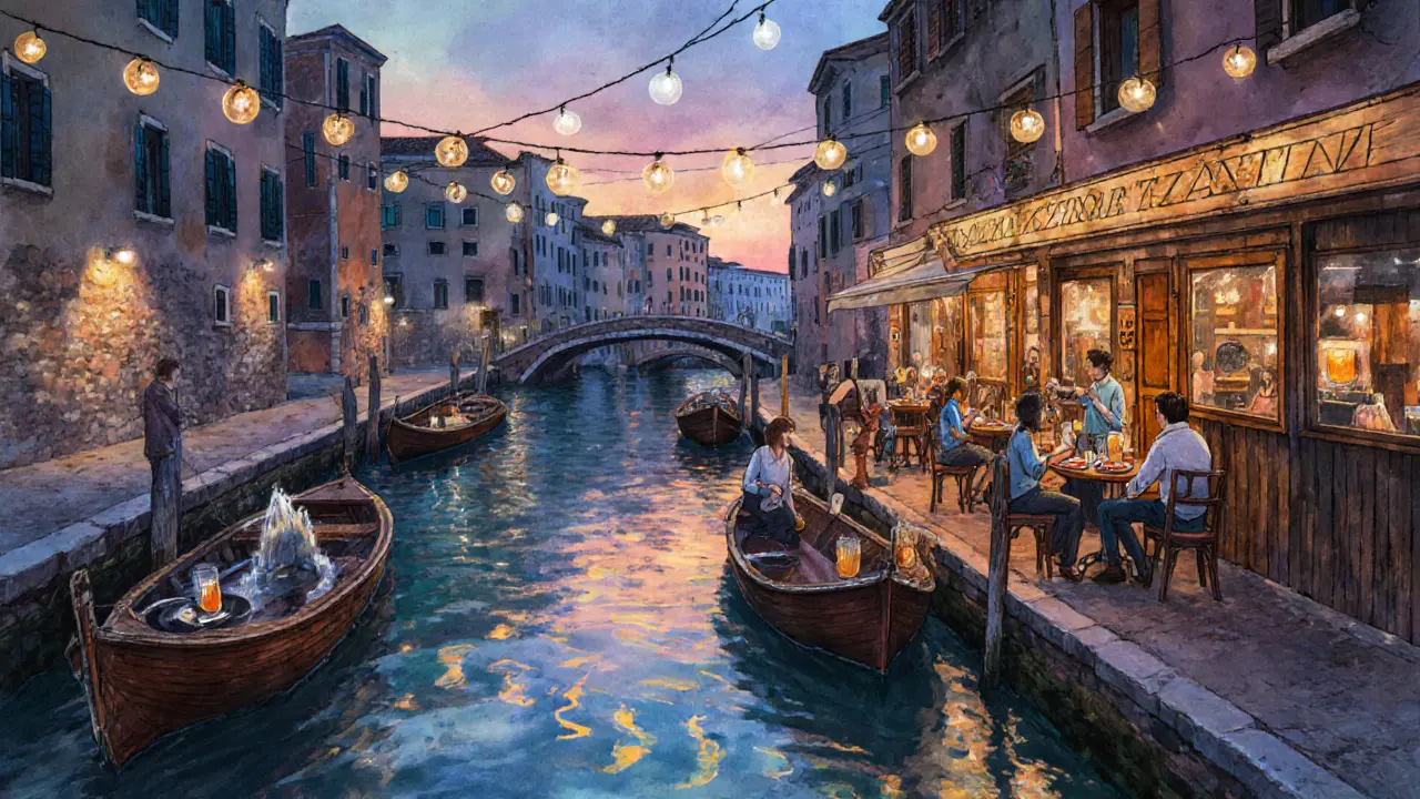 Navigli canals at dusk with string lights, boats, and people enjoying craft beer on outdoor terraces.