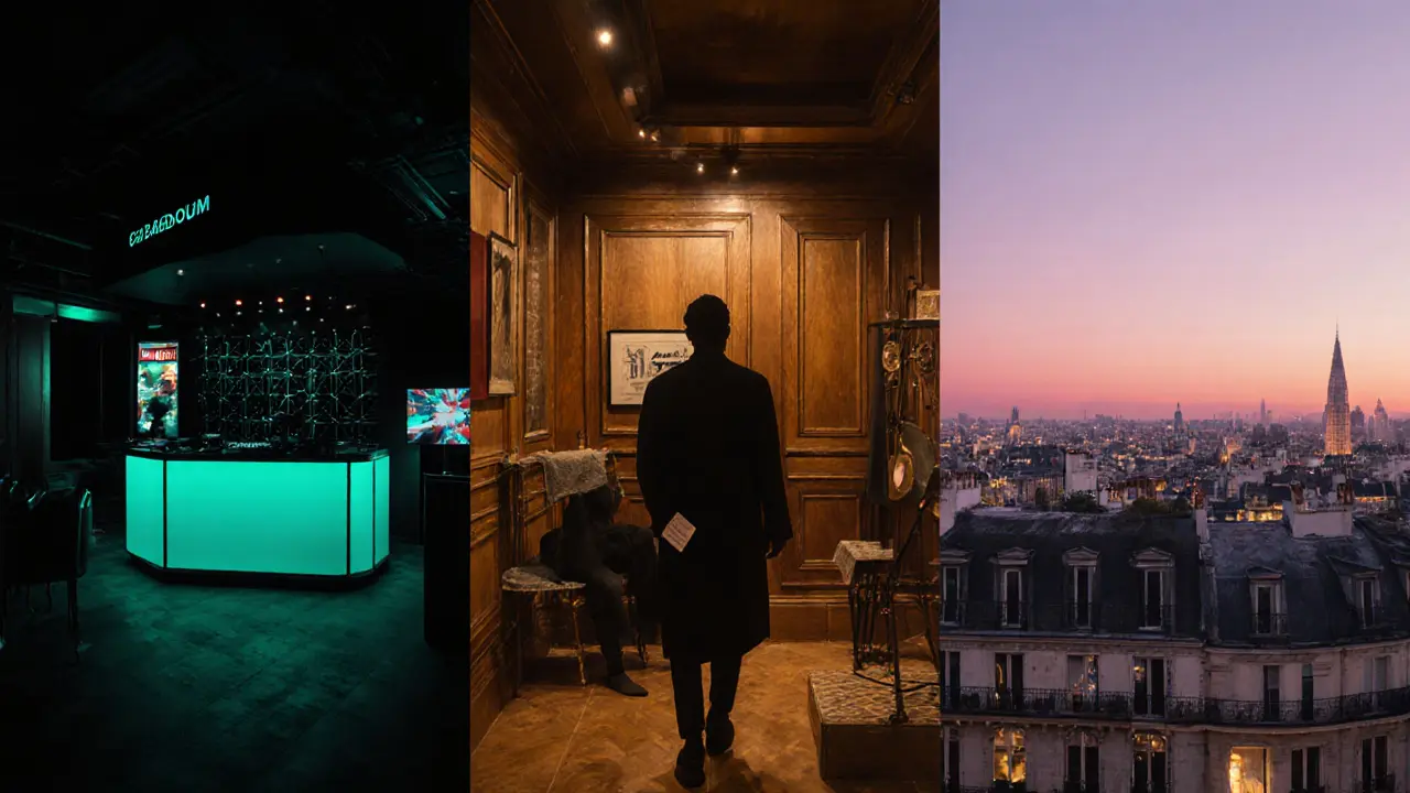 Nighttime montage of Club Badaboum, Le Duc des Lombards, and rooftop Jazz Club Étoile.