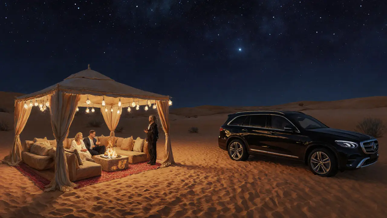 Quiet desert lounge with a fire pit, SUV, and a couple chatting under stars.