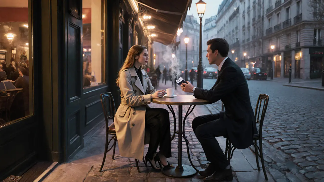 Quiet Paris coffee shop meeting with discreet ID exchange.