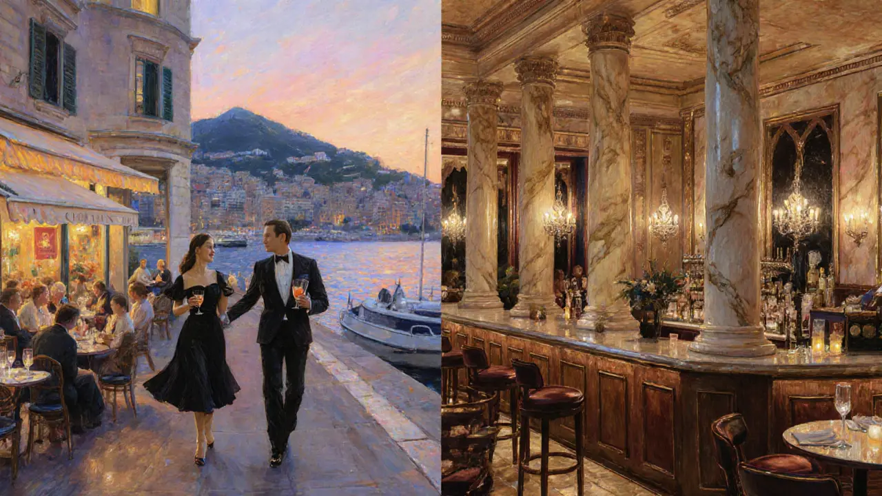 Sophisticated couple moving between a waterfront lounge and a marble casino bar at night.