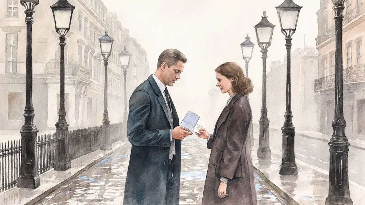 The man hands a sealed envelope to the escort on a foggy London street.