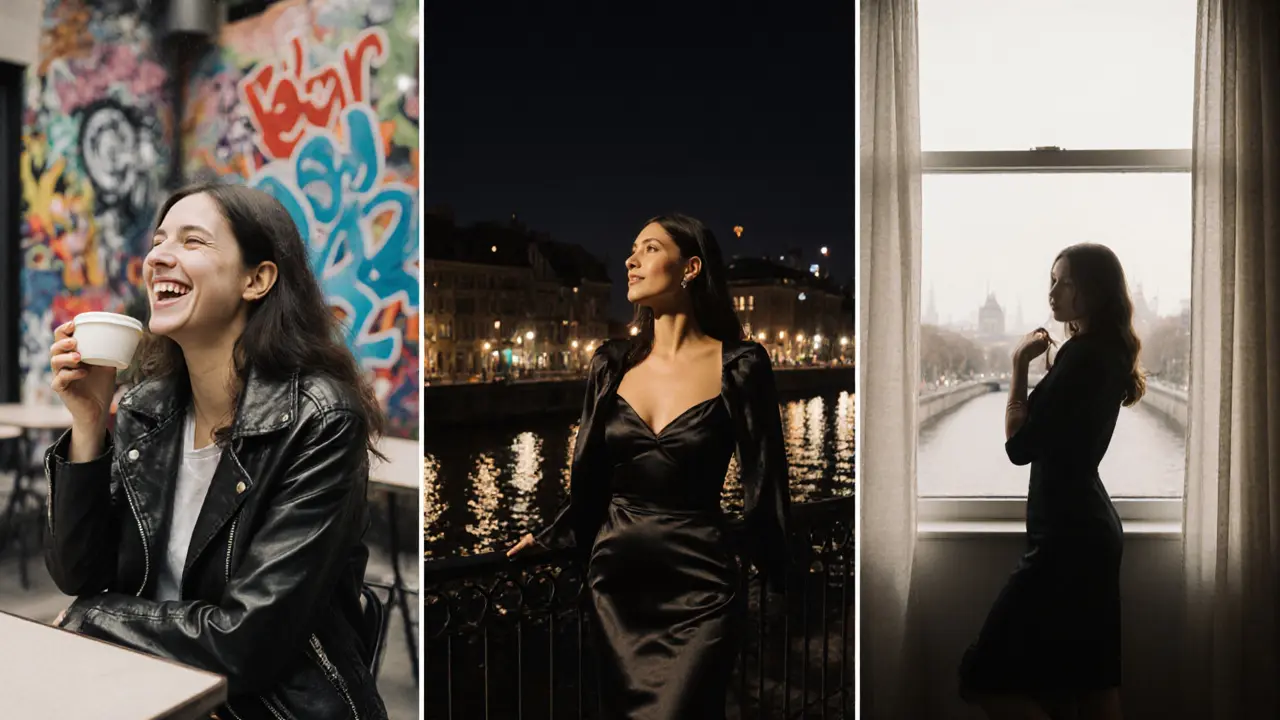 Three-panel portrait of a woman: casual café, elegant balcony, artistic silhouette.