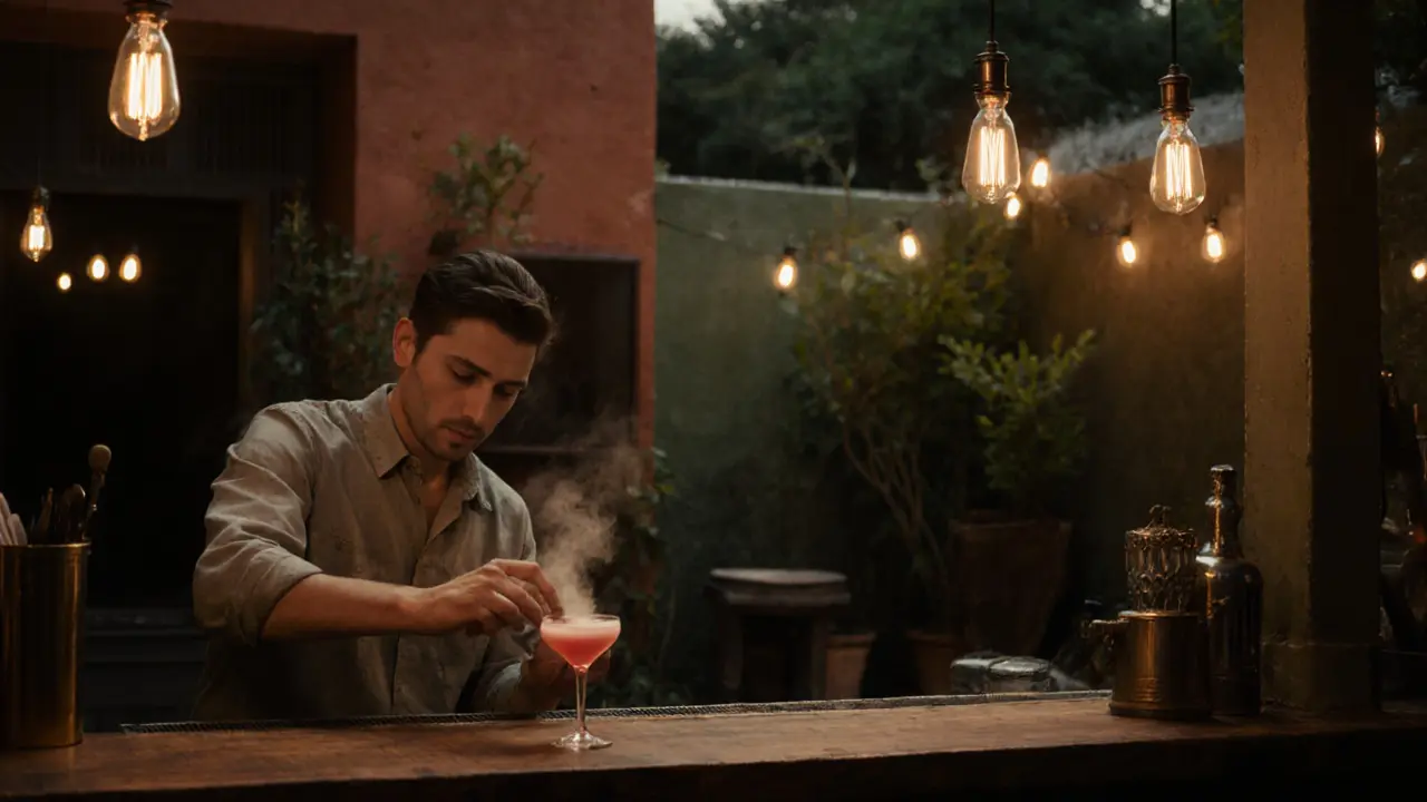 A bartender crafting a rosewater and saffron cocktail in a dim, intimate bar with Edison bulbs and a rooftop garden.