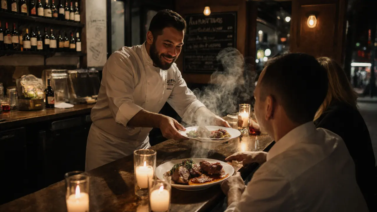 A chef serving duck confit at a bustling counter in a cozy Parisian restaurant.
