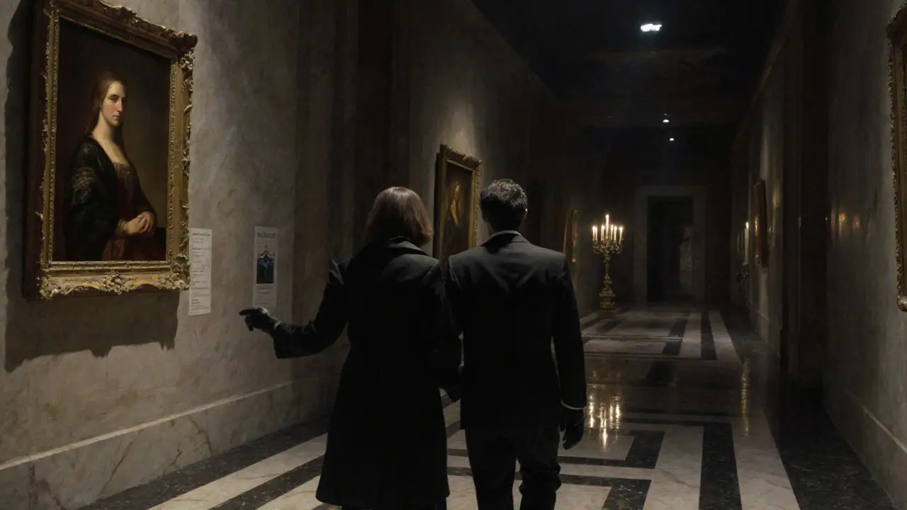 A companion and client quietly examining a hidden artwork in the empty Brera art gallery at night.