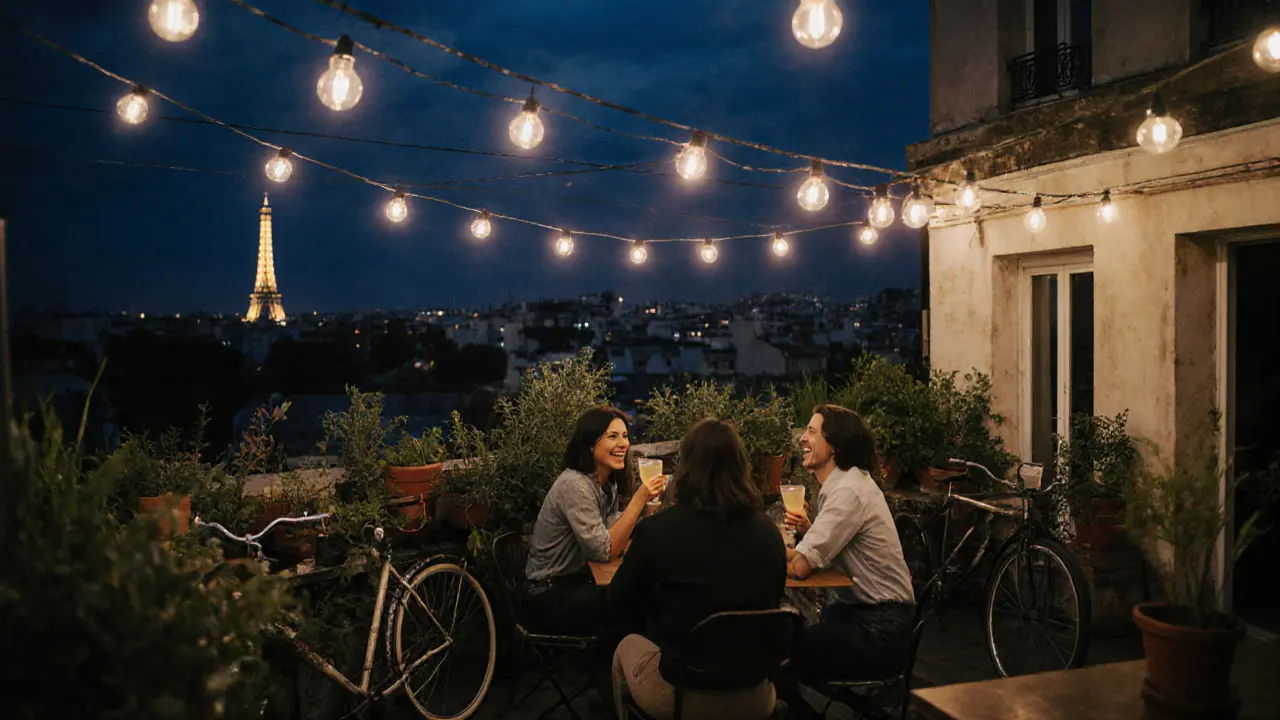 A cozy rooftop terrace above a Paris garage with string lights, plants, and a view of the sparkling Eiffel Tower.