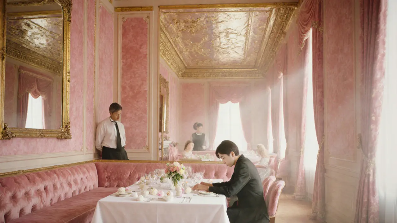 A dreamy dining room with pink velvet walls and gilded details, two people seated at a softly lit table.