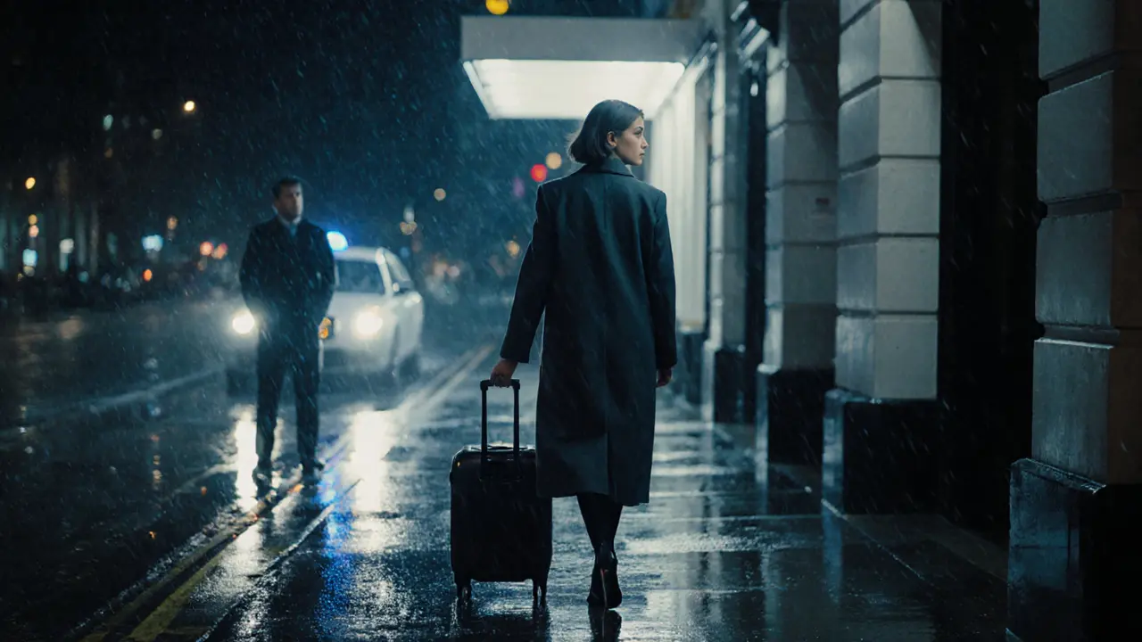 A female escort walking away from a hotel in the rain, suitcase in hand, under a London streetlamp at night.