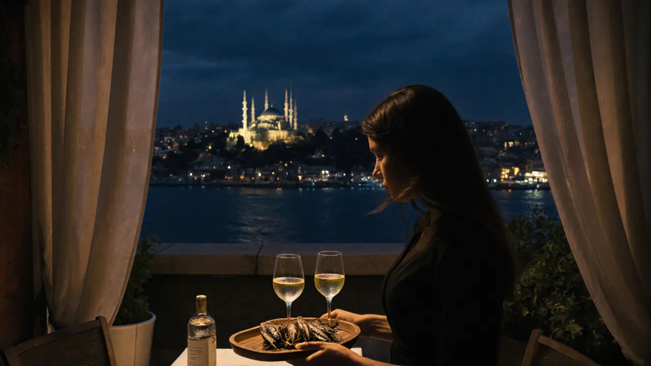 A hidden rooftop in Karaköy with views of the Bosphorus at night, a woman serving wine under the stars.