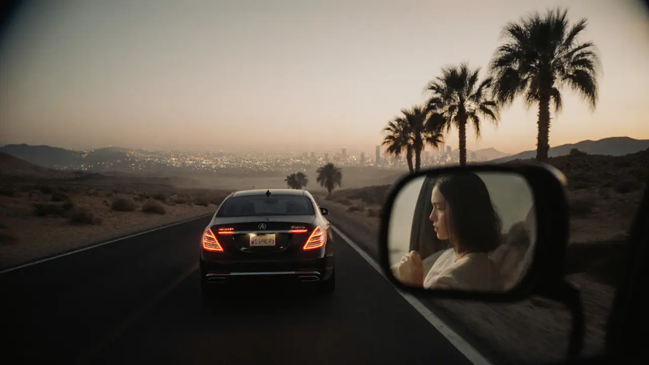 A luxury car driving away from a villa at dawn, city skyline faintly visible in the mist.
