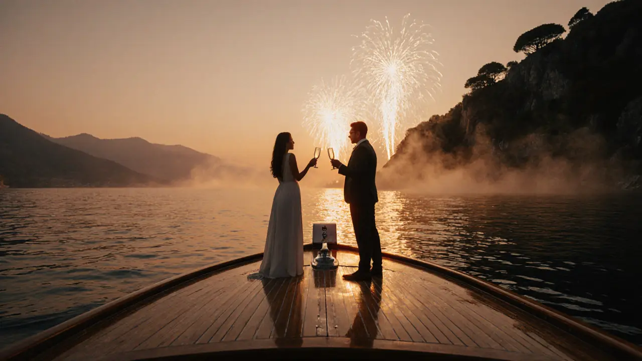 A luxury Riva boat at twilight on Lake Como with distant fireworks and a couple on the bow.