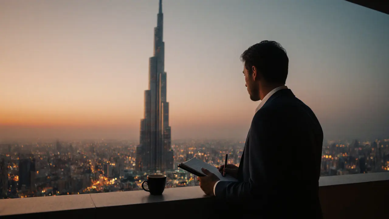 A man alone on a rooftop at sunset in Dubai, gazing at the Burj Khalifa with a journal in hand.
