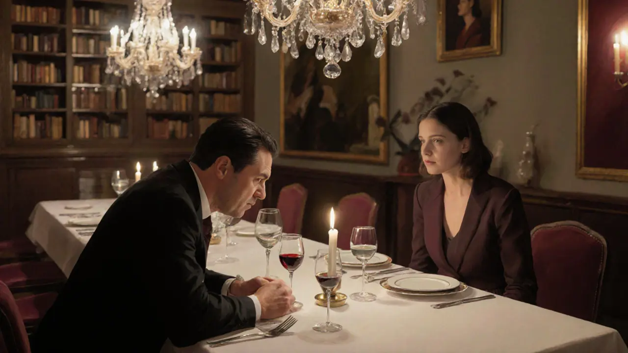 A man and woman share a quiet candlelit dinner in a refined Milan restaurant, engaged in deep conversation under soft chandelier light.