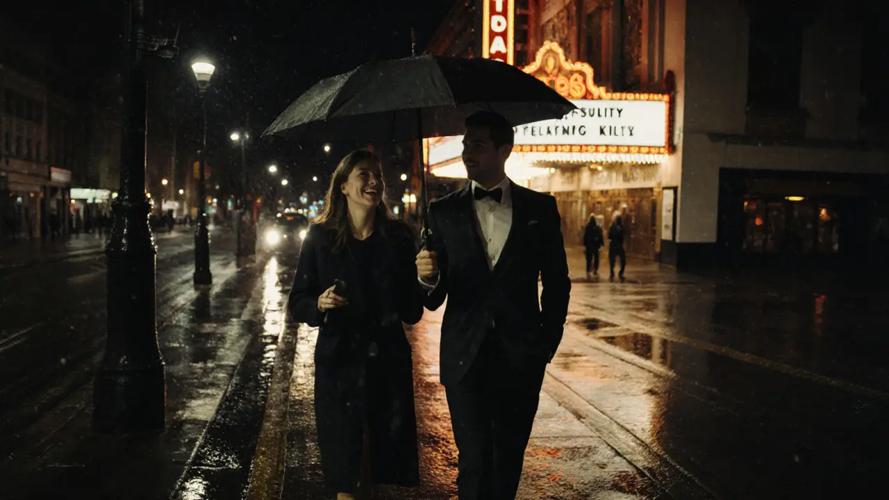 A man and woman walking together under an umbrella in rainy London, heading to a theater.