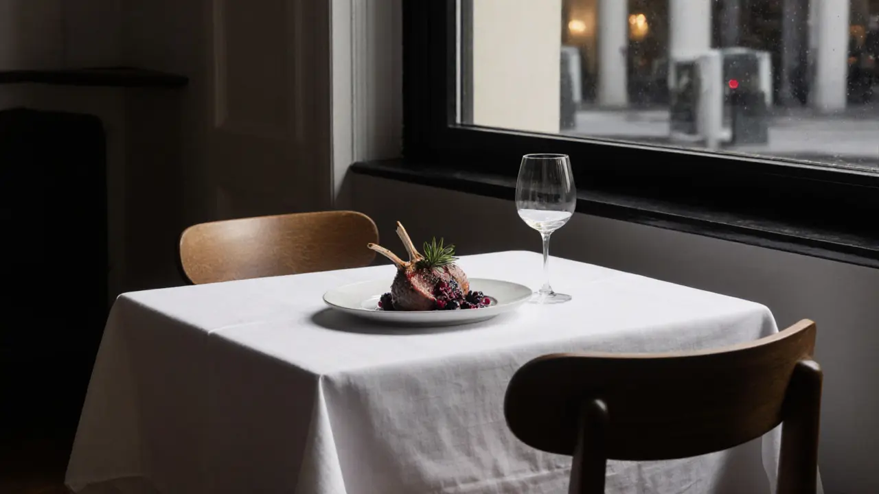 A minimalist fine dining table with venison and foraged herbs under natural twilight light, no people visible.