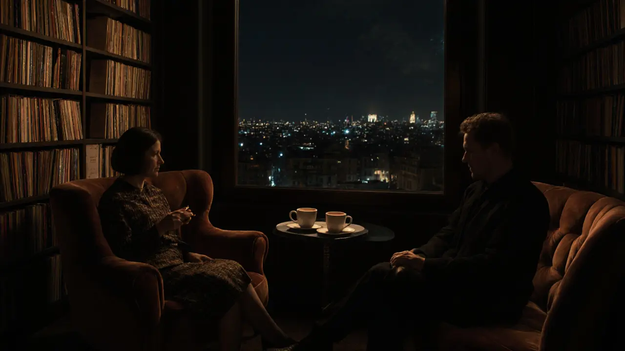 A private lounge above a bookstore, two people sipping espresso in velvet chairs under soft jazz lighting.