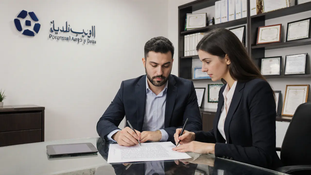 A professional agency office in Dubai with a client reviewing a contract and digital payment on a tablet.
