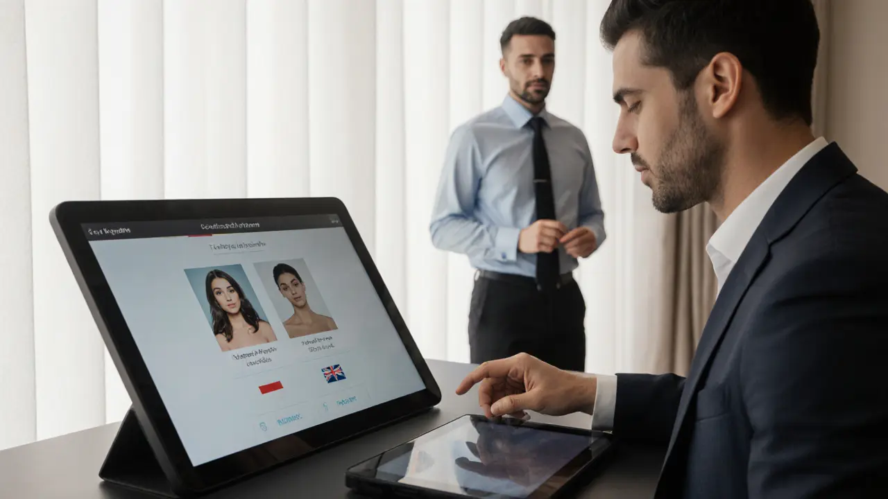 A professional escort agency lounge with digital profiles and encrypted devices for client selection.