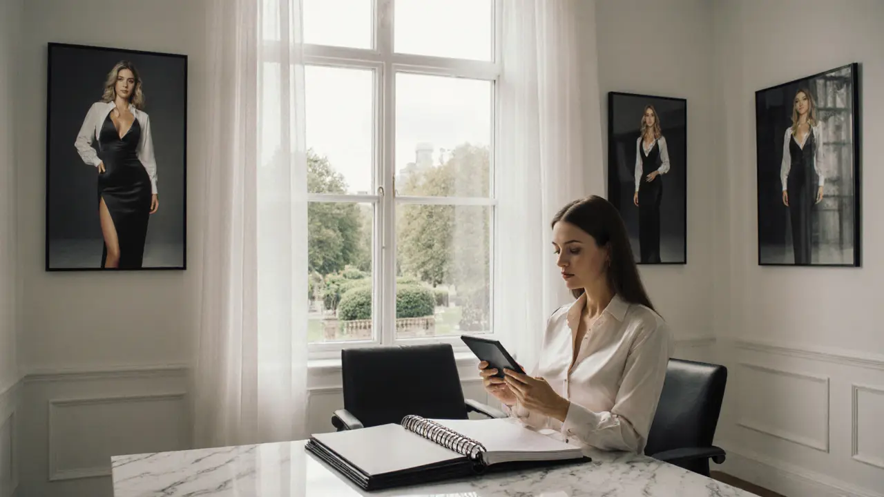 A professional escort agency office with curated portraits and a tablet displaying client profiles.