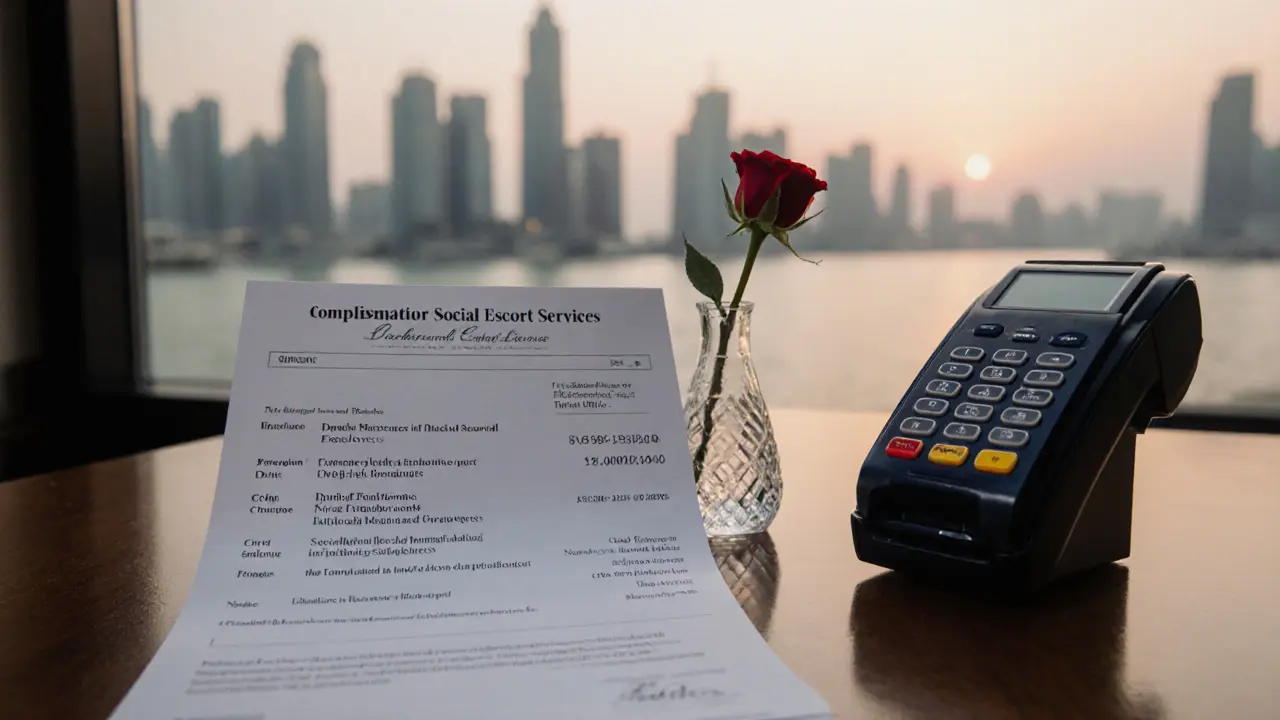 A professional invoice for social escort services on a desk beside a credit card and a rose.